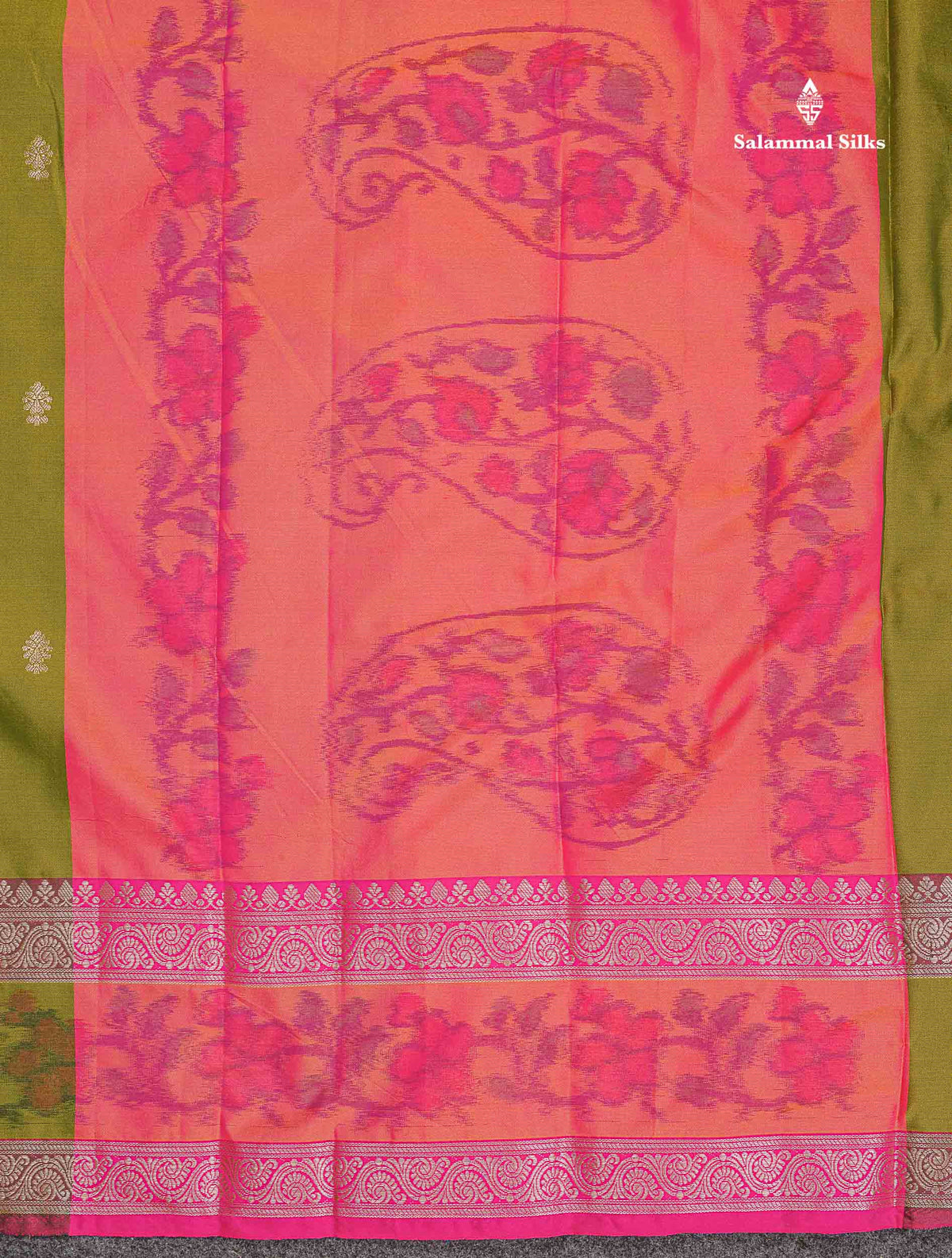 Semi Silk Saree - Olive Green Colour Body Zari Butta With Pochampally Fancy Border