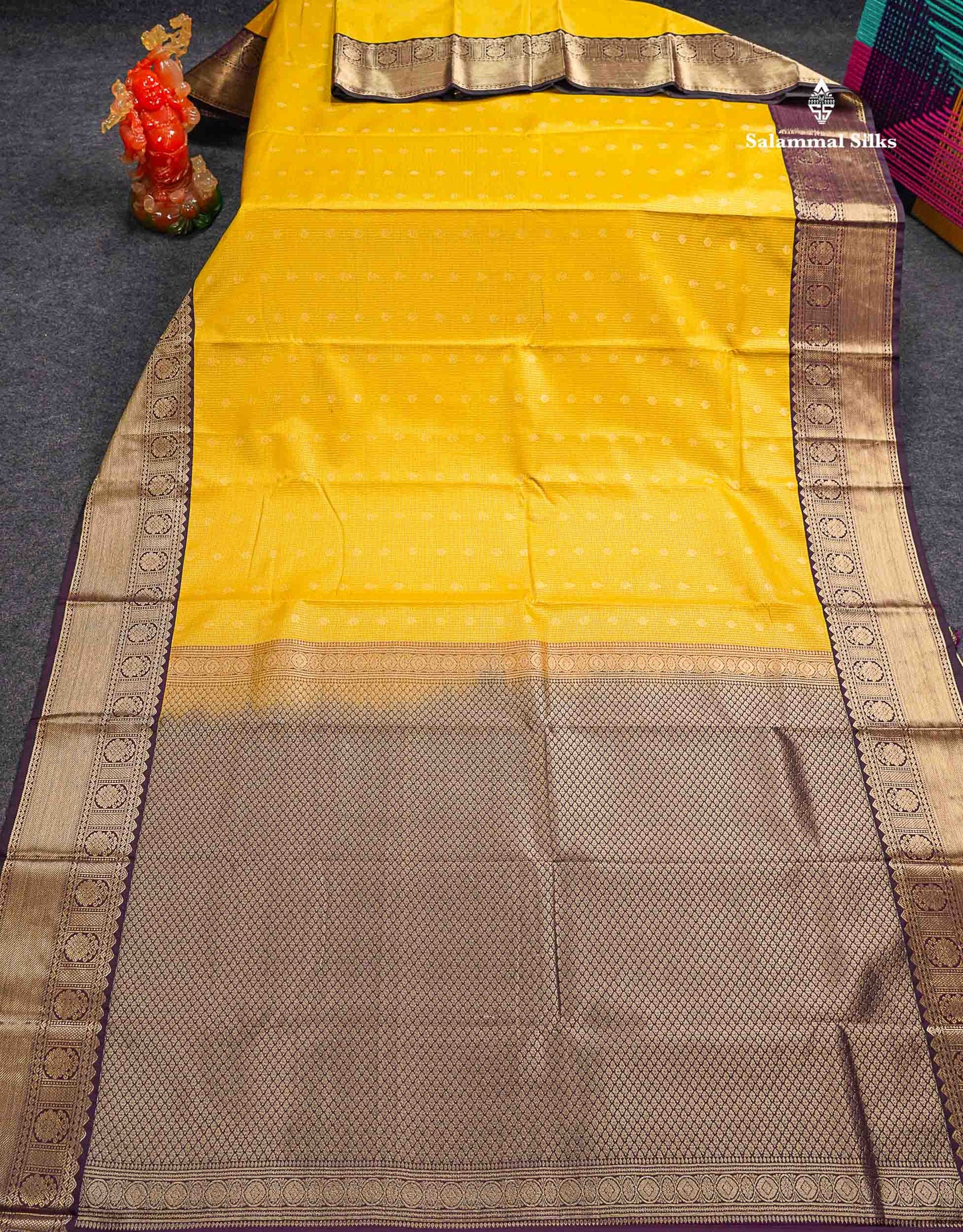 Semi Silk Saree - Orange Butta With Vaira Oosi Tiny Checks Along With Contrast Dark Purple Border