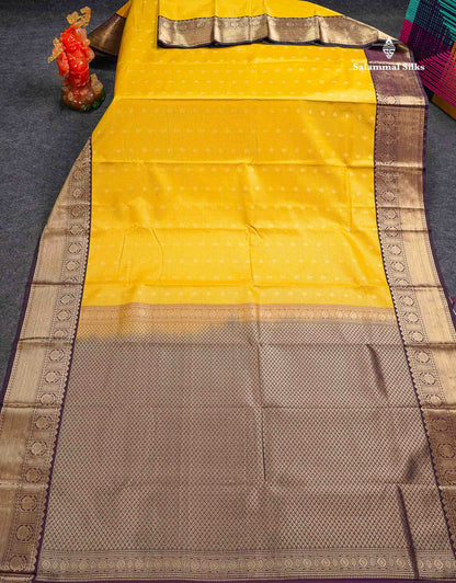 Semi Silk Saree - Orange Butta With Vaira Oosi Tiny Checks Along With Contrast Dark Purple Border