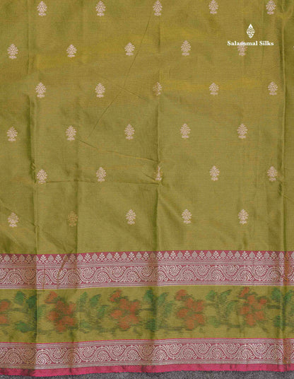 Semi Silk Saree - Olive Green Colour Body Zari Butta With Pochampally Fancy Border