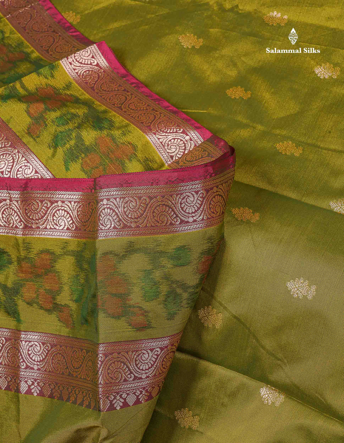 Semi Silk Saree - Olive Green Colour Body Zari Butta With Pochampally Fancy Border