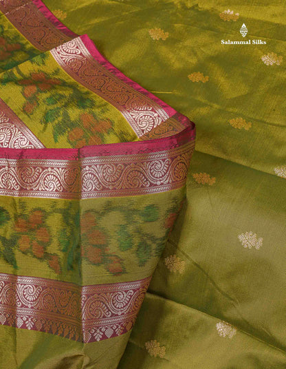Semi Silk Saree - Olive Green Colour Body Zari Butta With Pochampally Fancy Border