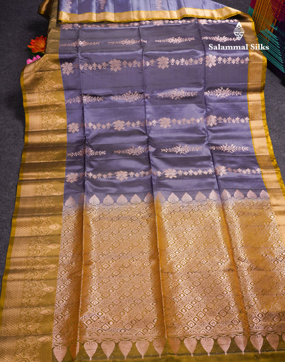 Blue Shade Pure Silk Mix Soft Silk Saree With Contrast Olive Mustard Yellow Border