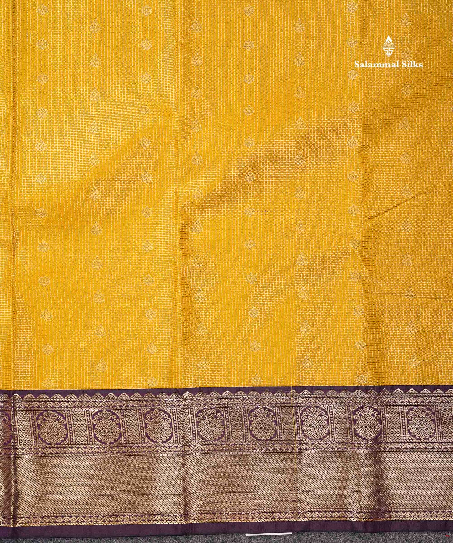Semi Silk Saree - Orange Butta With Vaira Oosi Tiny Checks Along With Contrast Dark Purple Border