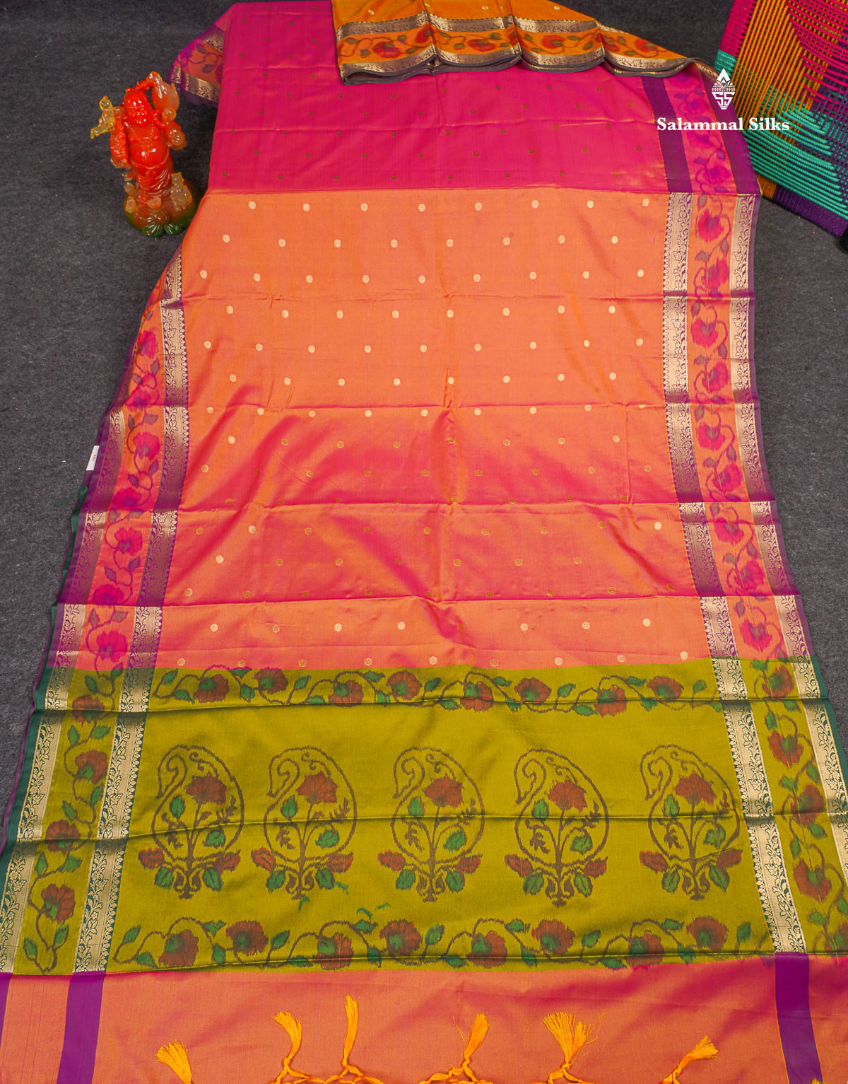 Semi Silk Saree - Pinkish Orange Colour Body Zari Butta With Pochampally Fancy Border