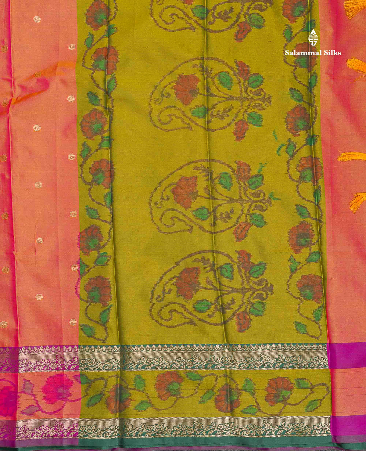 Semi Silk Saree - Olive Green Colour Body Zari Butta With Pochampally Fancy Border