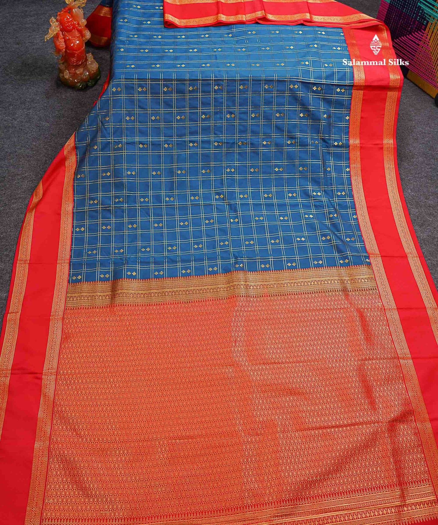 Semi Silk Saree - Peacock Blue Butta With Checks Along With Contrast Chilly Red Traditional Gap Border