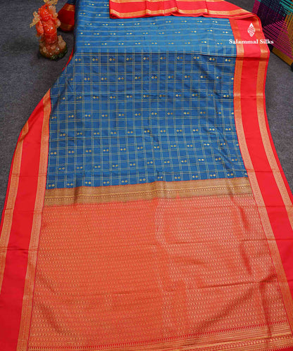 Semi Silk Saree - Peacock Blue Butta With Checks Along With Contrast Chilly Red Traditional Gap Border