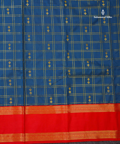 Semi Silk Saree - Peacock Blue Butta With Checks Along With Contrast Chilly Red Traditional Gap Border
