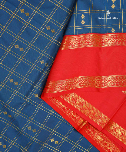 Semi Silk Saree - Peacock Blue Butta With Checks Along With Contrast Chilly Red Traditional Gap Border