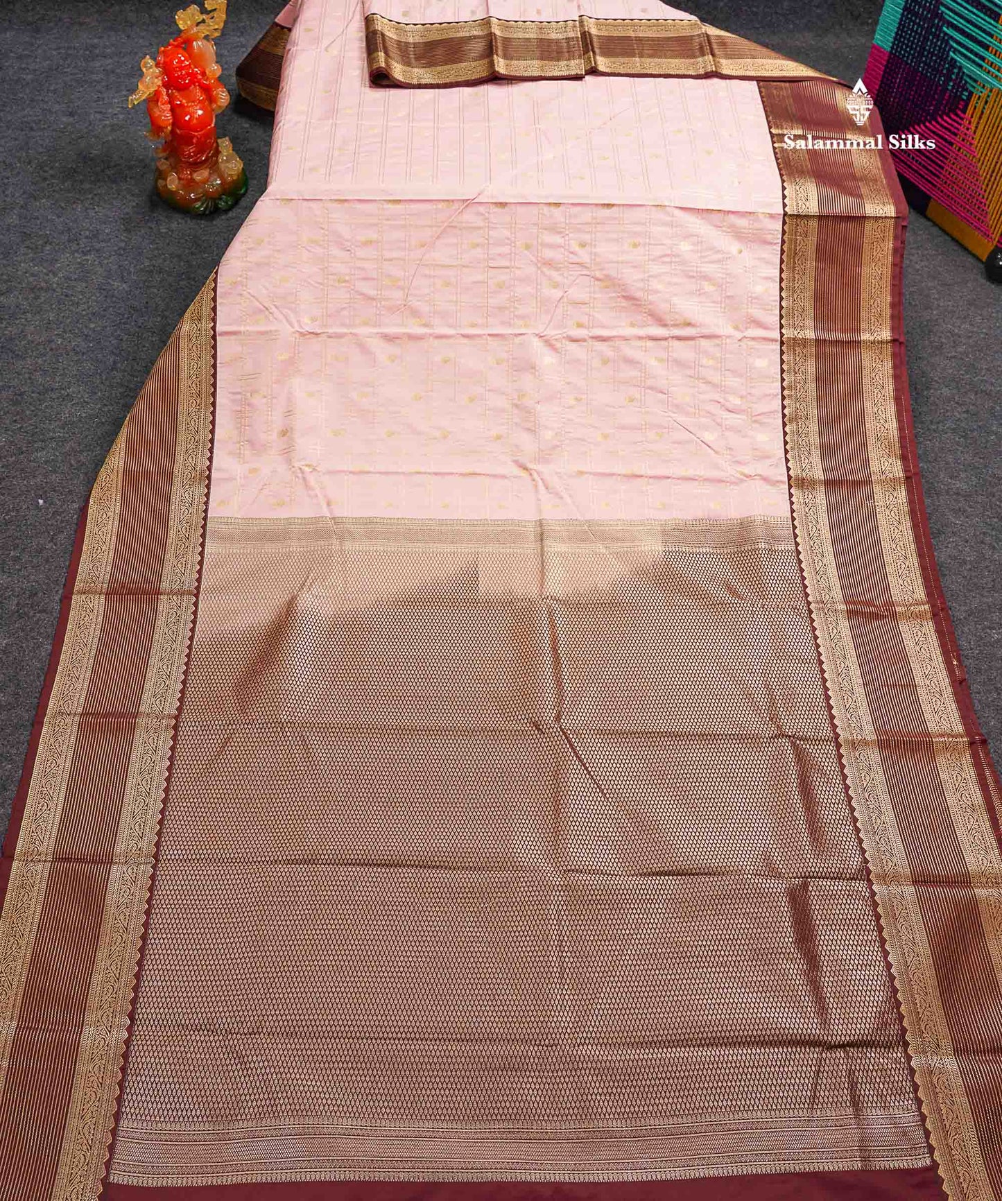 Semi Silk Saree - Mustard Yellow Mango Butta With Checks Along With Contrast Dark Brown Traditional Border