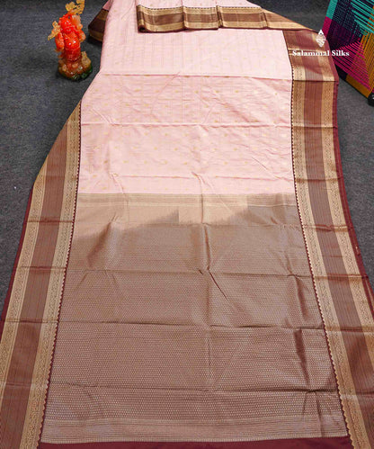 Semi Silk Saree - Mustard Yellow Mango Butta With Checks Along With Contrast Dark Brown Traditional Border