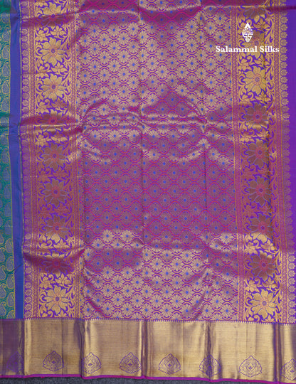 Dual Tone Peacock Green Bridal Pure Kanjivaram Silk Saree With Contrast Purple Border