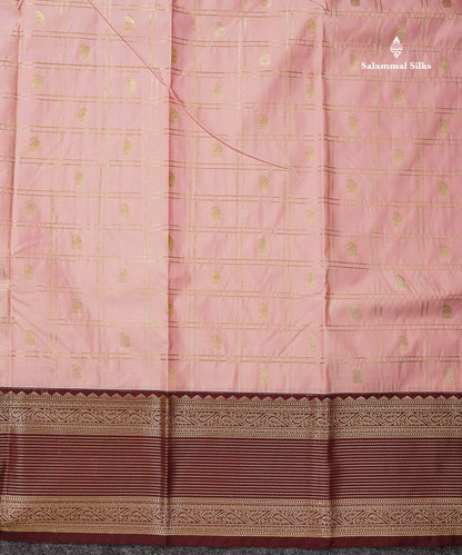 Semi Silk Saree - Mustard Yellow Mango Butta With Checks Along With Contrast Dark Brown Traditional Border