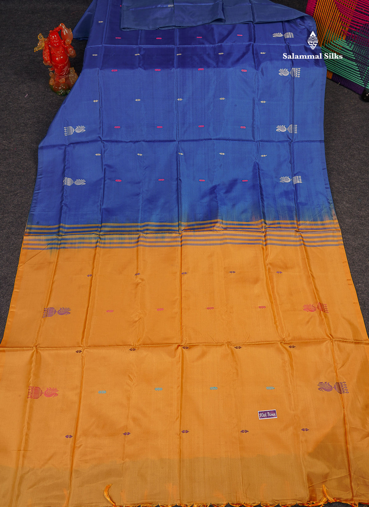 Blue Banana Pinth Saree (Vaazhainaar Pattu) With Contrast Mustard Yellow Blouse