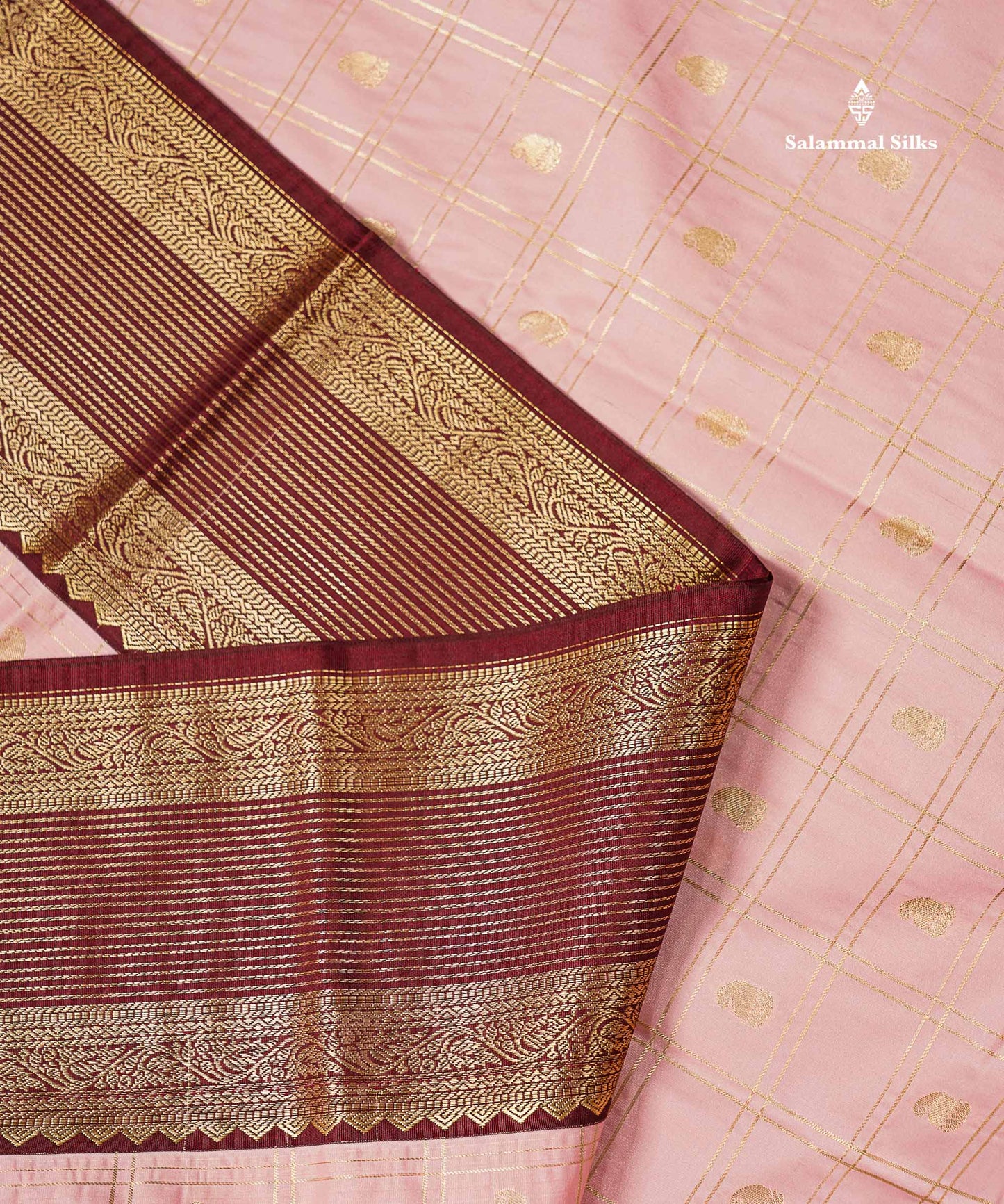 Semi Silk Saree - Mustard Yellow Mango Butta With Checks Along With Contrast Dark Brown Traditional Border