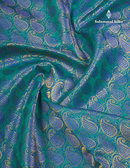 Dual Tone Peacock Green Bridal Pure Kanjivaram Silk Saree With Contrast Purple Border