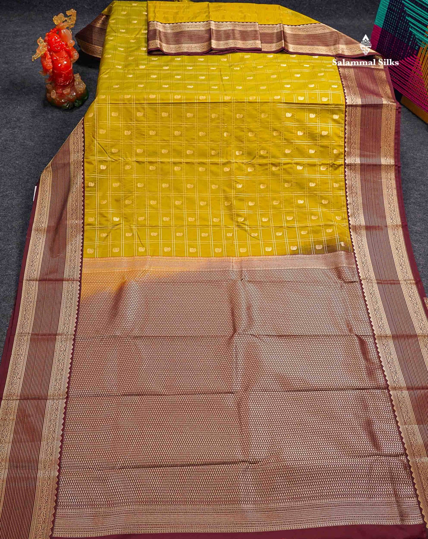 Semi Silk Saree - Mustard Yellow Mango Butta With Checks Along With Contrast Dark Brown Traditional Border