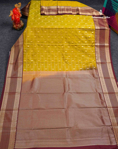 Semi Silk Saree - Mustard Yellow Mango Butta With Checks Along With Contrast Dark Brown Traditional Border