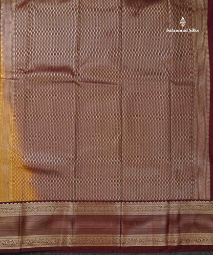 Semi Silk Saree - Mustard Yellow Mango Butta With Checks Along With Contrast Dark Brown Traditional Border