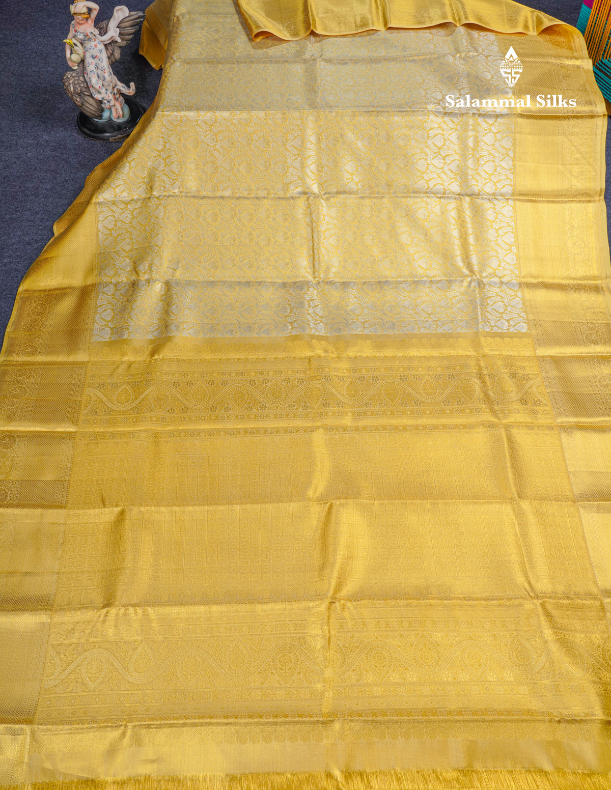 Beautiful Gold Tissue Bridal Pure Kanjivaram Silk Saree With Contrast Golden Yellow Border