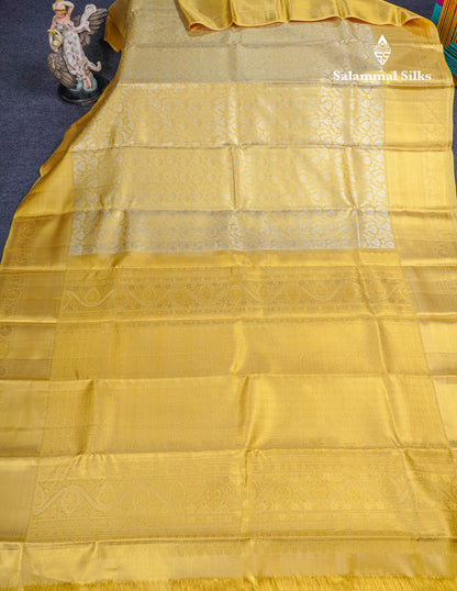 Beautiful Gold Tissue Bridal Pure Kanjivaram Silk Saree With Contrast Golden Yellow Border