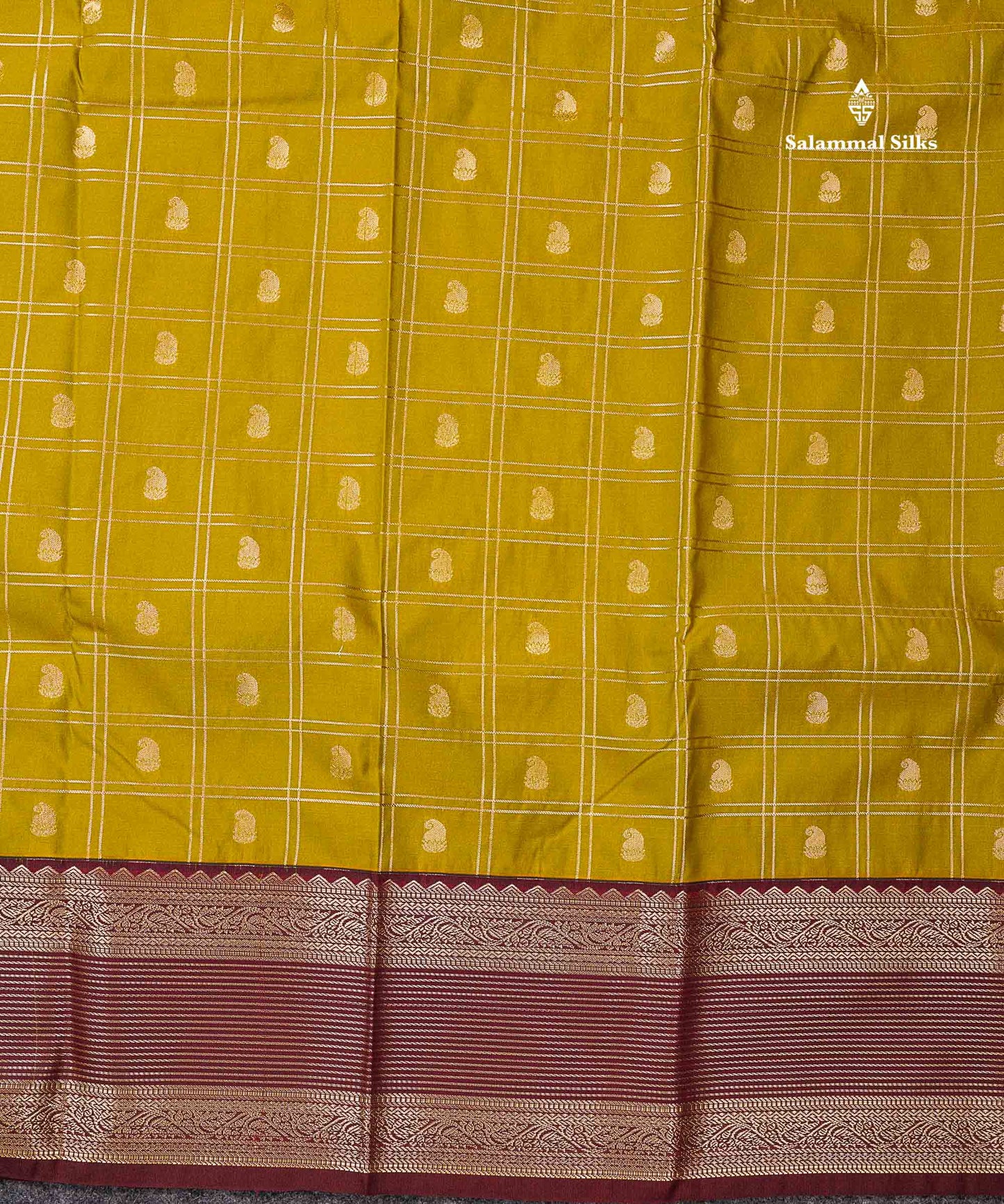Semi Silk Saree - Mustard Yellow Mango Butta With Checks Along With Contrast Dark Brown Traditional Border