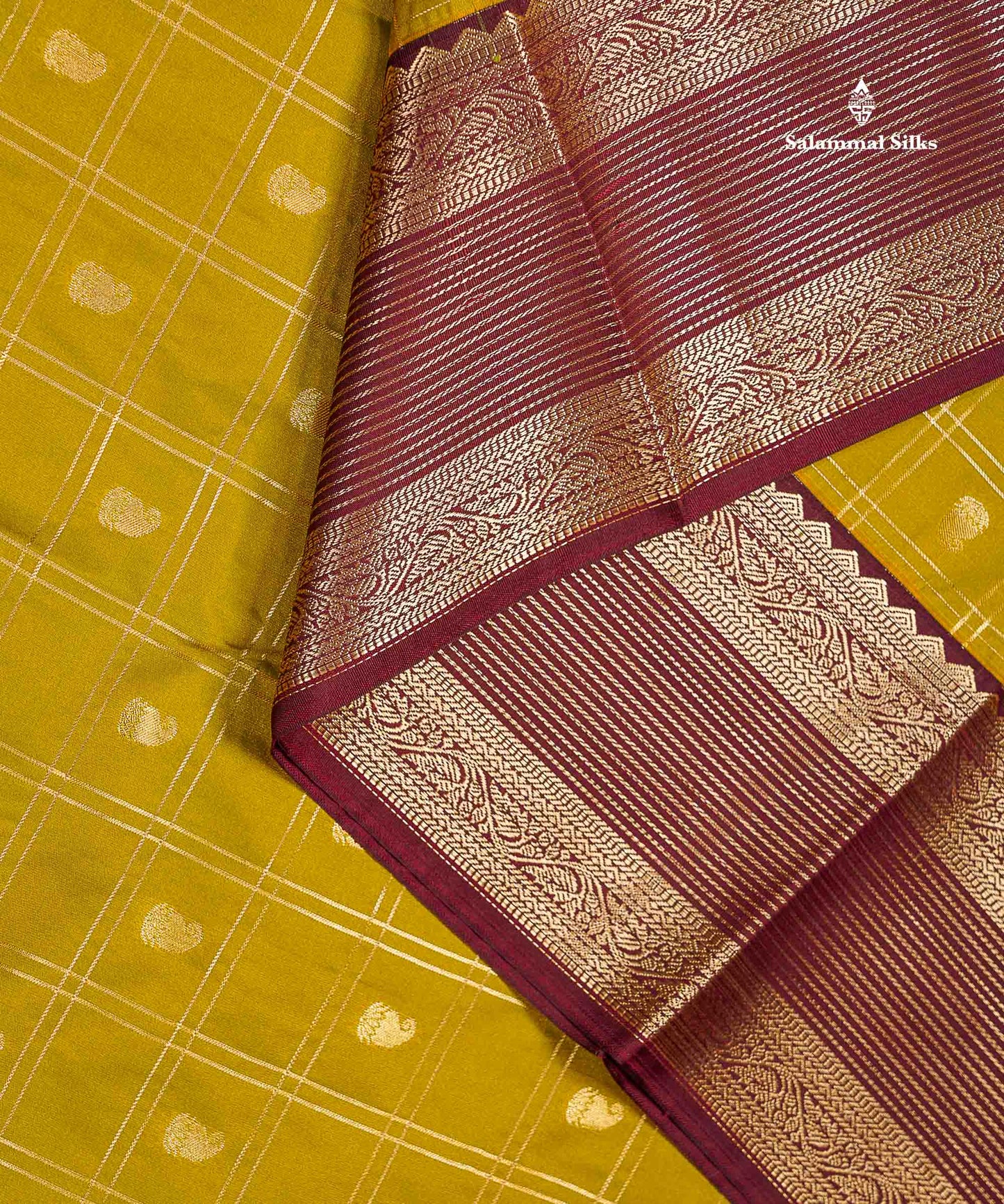 Semi Silk Saree - Mustard Yellow Mango Butta With Checks Along With Contrast Dark Brown Traditional Border