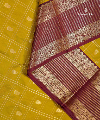 Semi Silk Saree - Mustard Yellow Mango Butta With Checks Along With Contrast Dark Brown Traditional Border