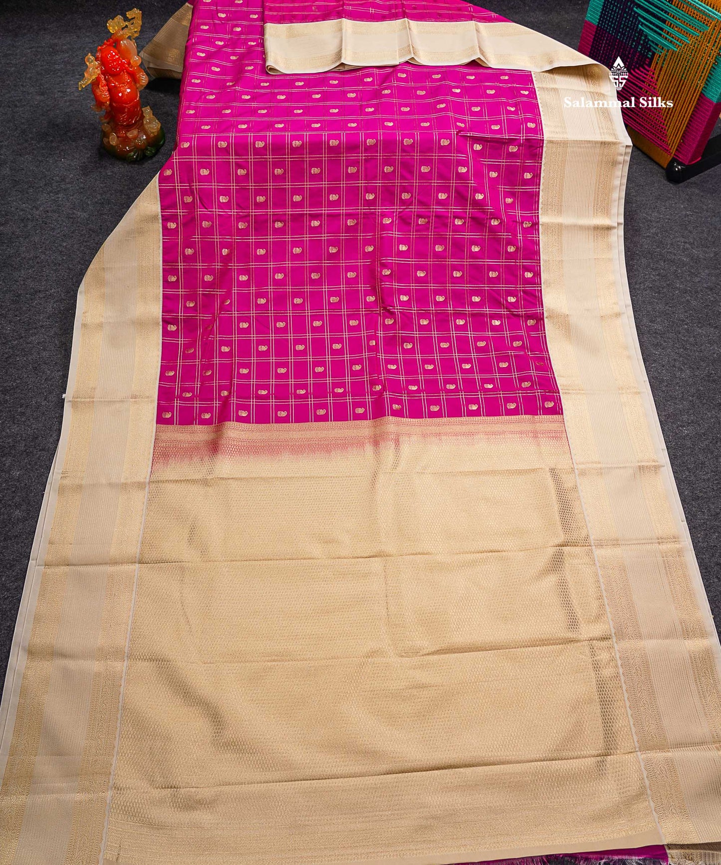 Semi Silk Saree - Mustard Yellow Mango Butta With Checks Along With Contrast Dark Brown Traditional Border