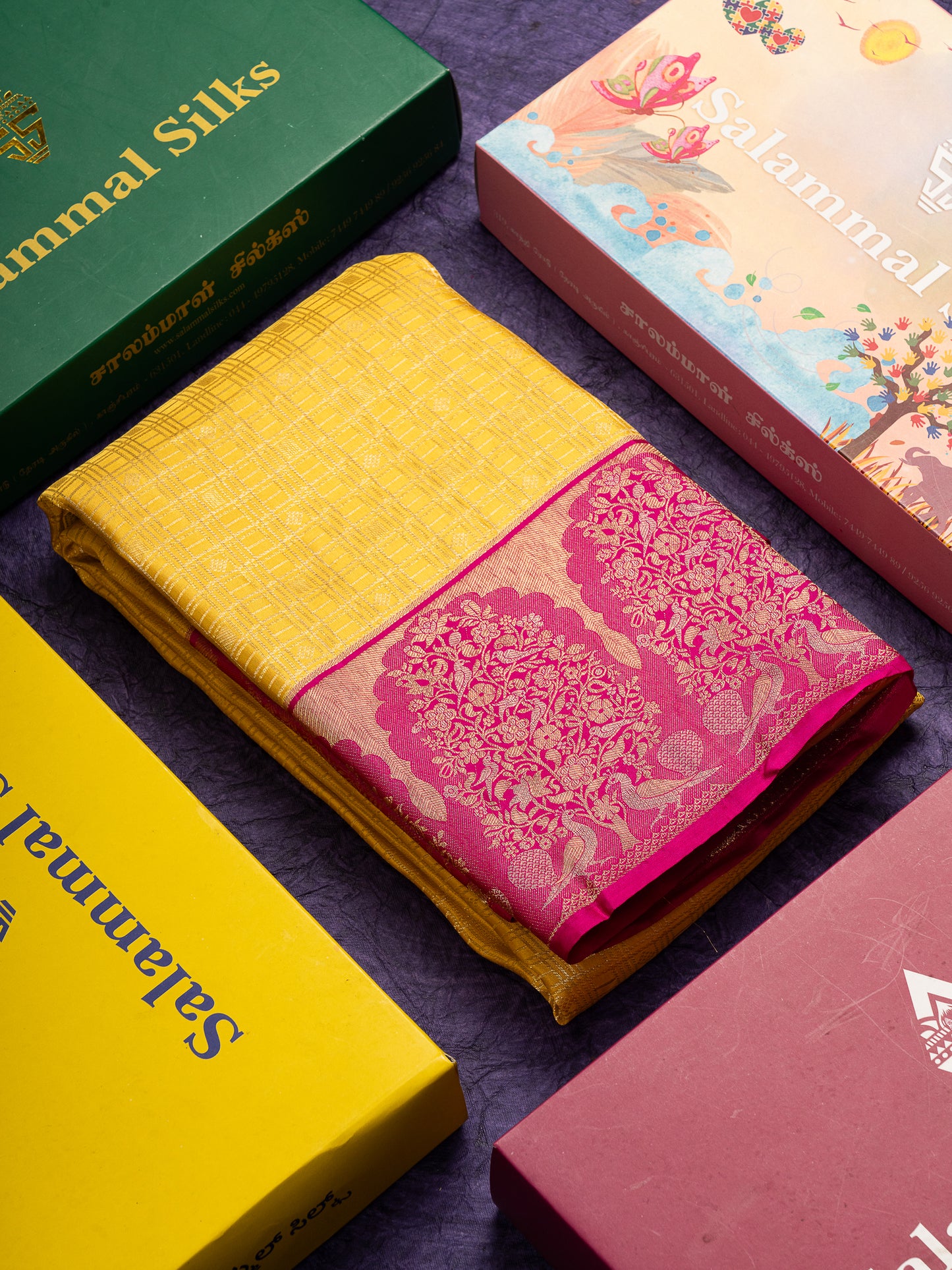 Beautiful Light Yellow Checks With Butta Bridal Pure Kanjivaram Silk Saree With Contrast Pink Fancy Border