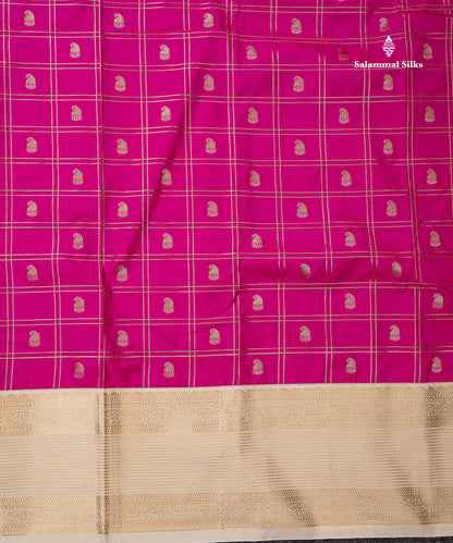 Semi Silk Saree - Mustard Yellow Mango Butta With Checks Along With Contrast Dark Brown Traditional Border