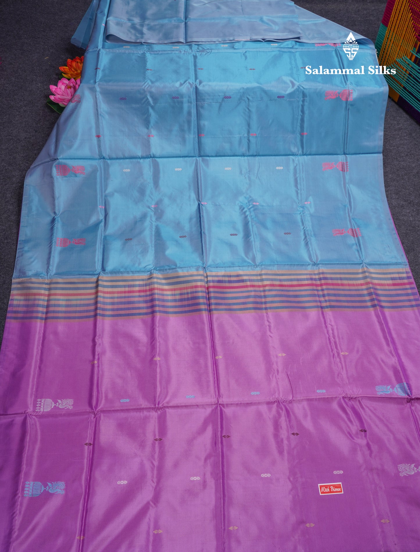 Pastel Blue Banana Pinth Saree (Vaazhainaar Pattu) With Contrast Lavender Blouse