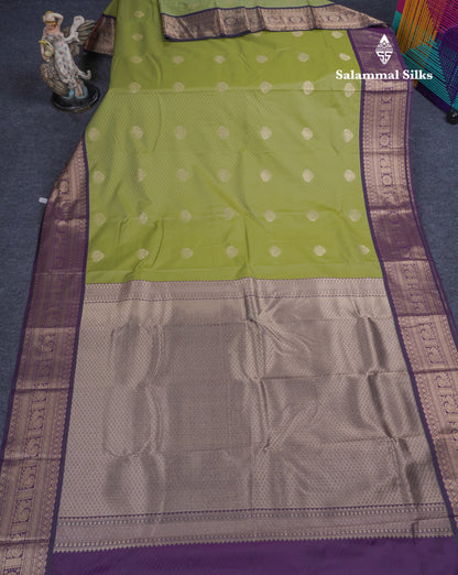 Parrot Green Semi Silk Saree With Contrast Violet Traditional Border