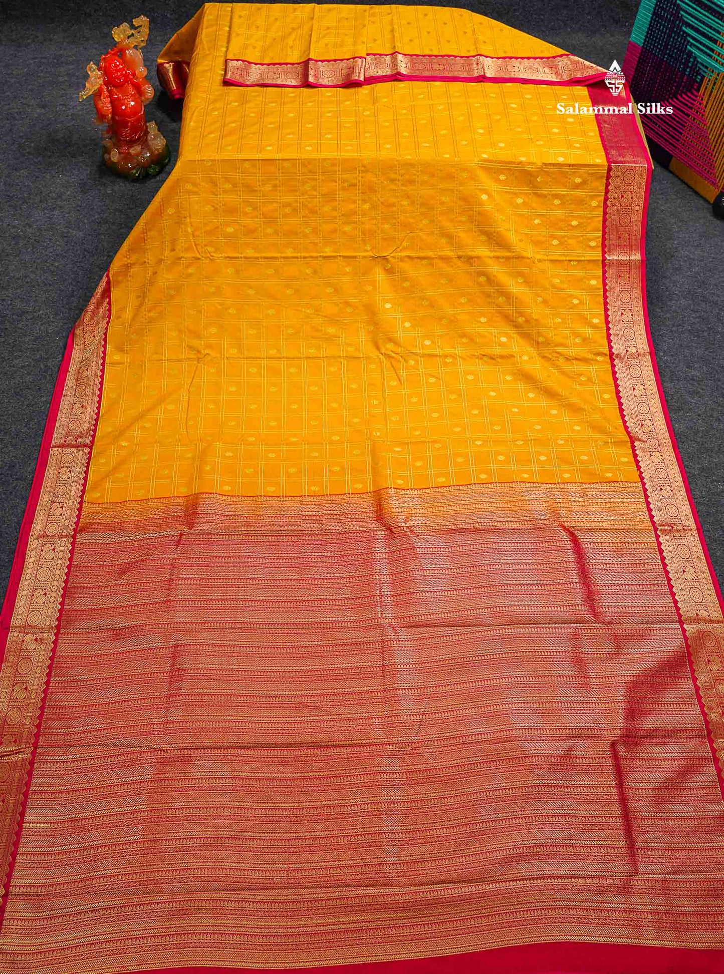 Semi Silk Saree - Mango Yellow Checks With Butta Along With Contrast Chilly Red Traditional Small Border