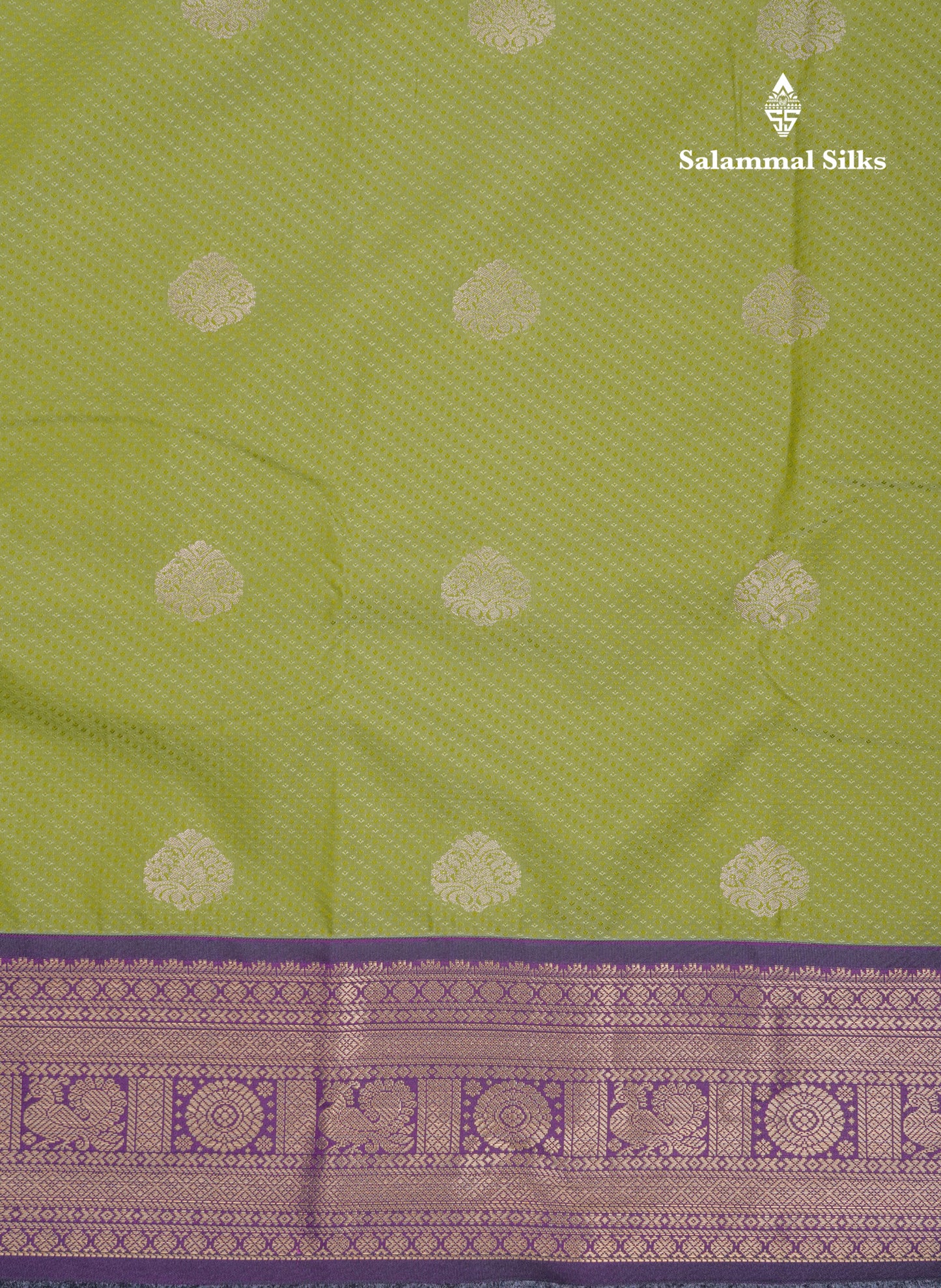 Parrot Green Semi Silk Saree With Contrast Violet Traditional Border