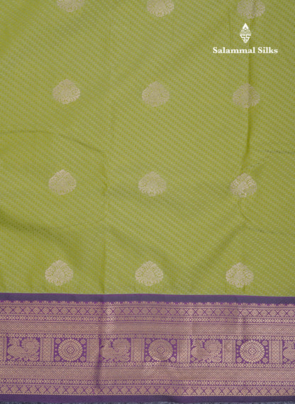 Parrot Green Semi Silk Saree With Contrast Violet Traditional Border