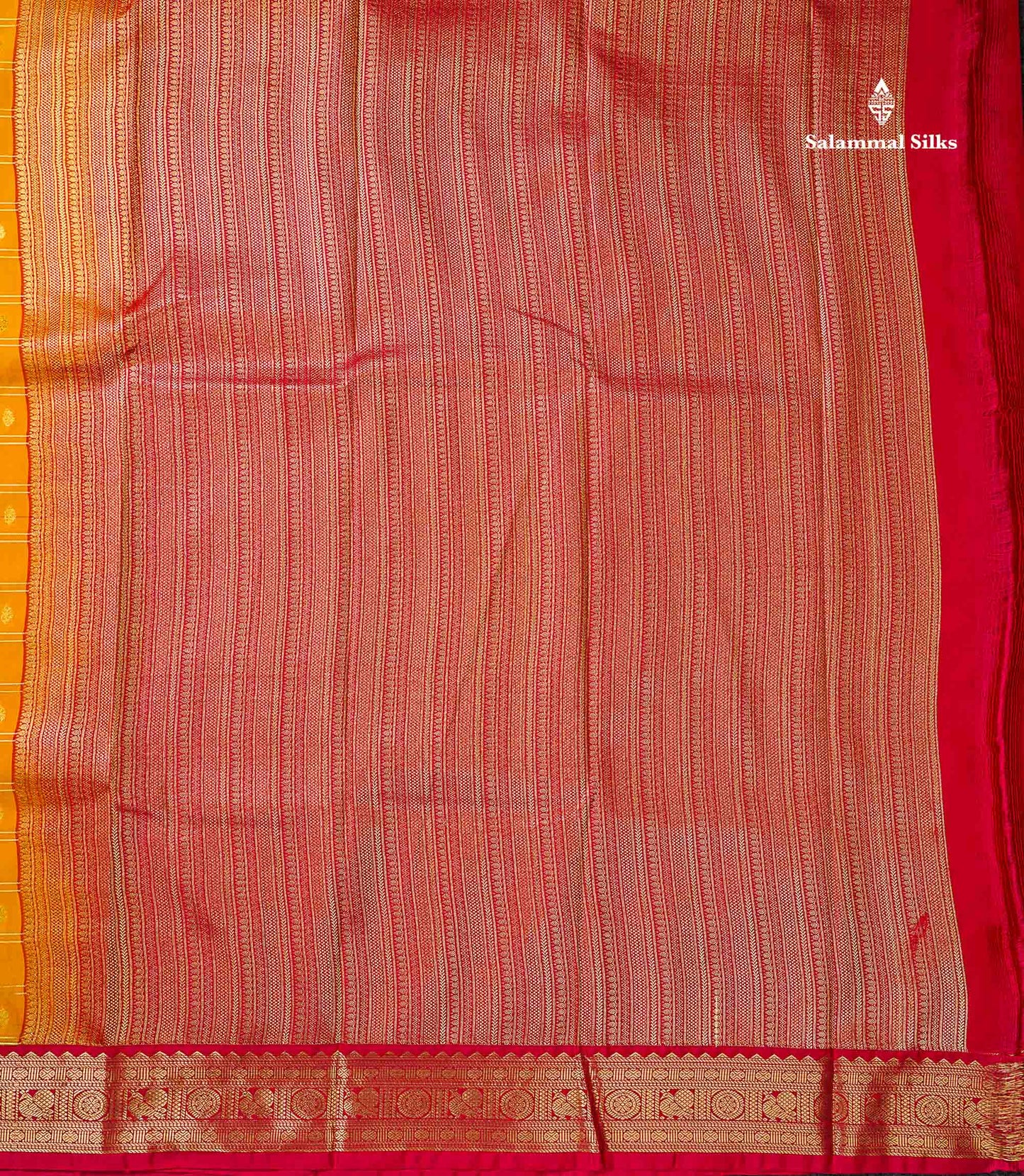 Semi Silk Saree - Mango Yellow Checks With Butta Along With Contrast Chilly Red Traditional Small Border