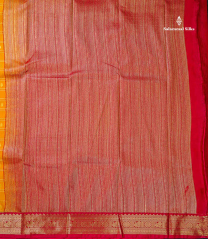 Semi Silk Saree - Mango Yellow Checks With Butta Along With Contrast Chilly Red Traditional Small Border