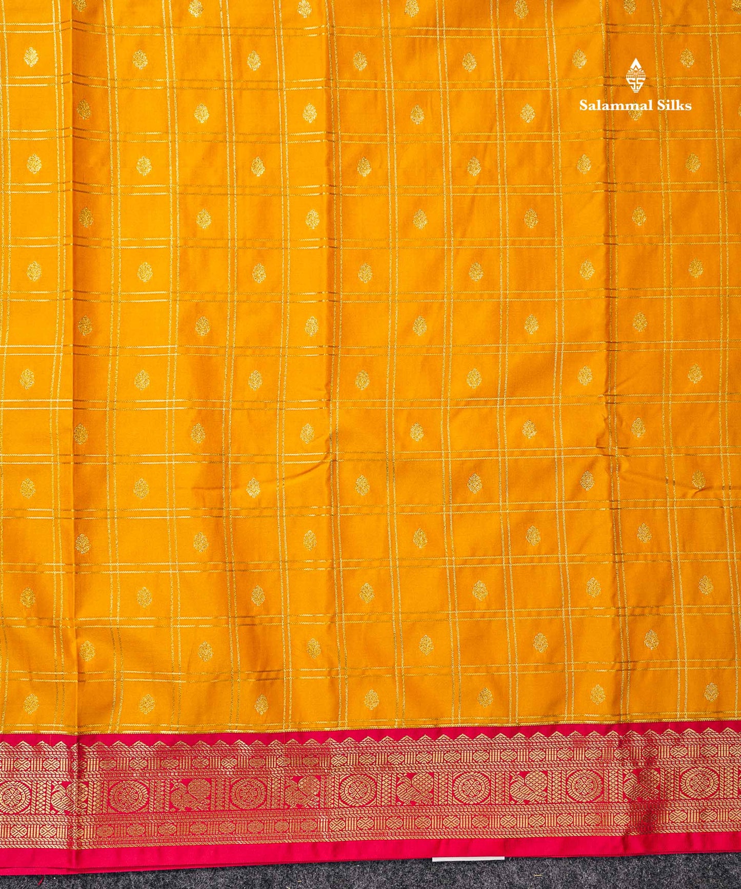 Semi Silk Saree - Mango Yellow Checks With Butta Along With Contrast Chilly Red Traditional Small Border