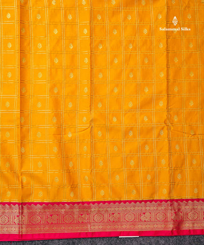 Semi Silk Saree - Mango Yellow Checks With Butta Along With Contrast Chilly Red Traditional Small Border
