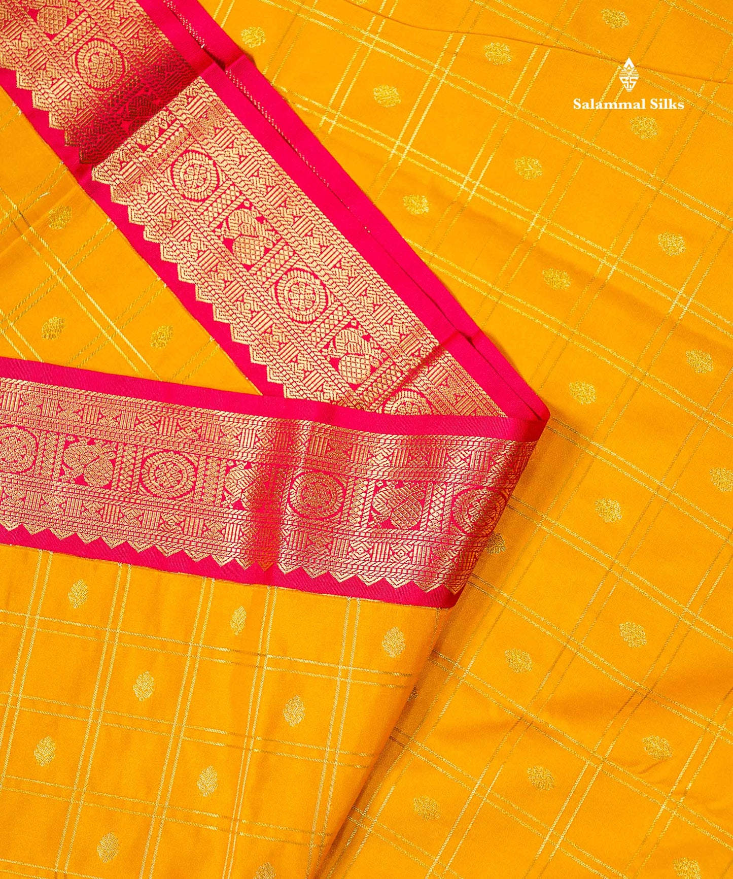 Semi Silk Saree - Mango Yellow Checks With Butta Along With Contrast Chilly Red Traditional Small Border