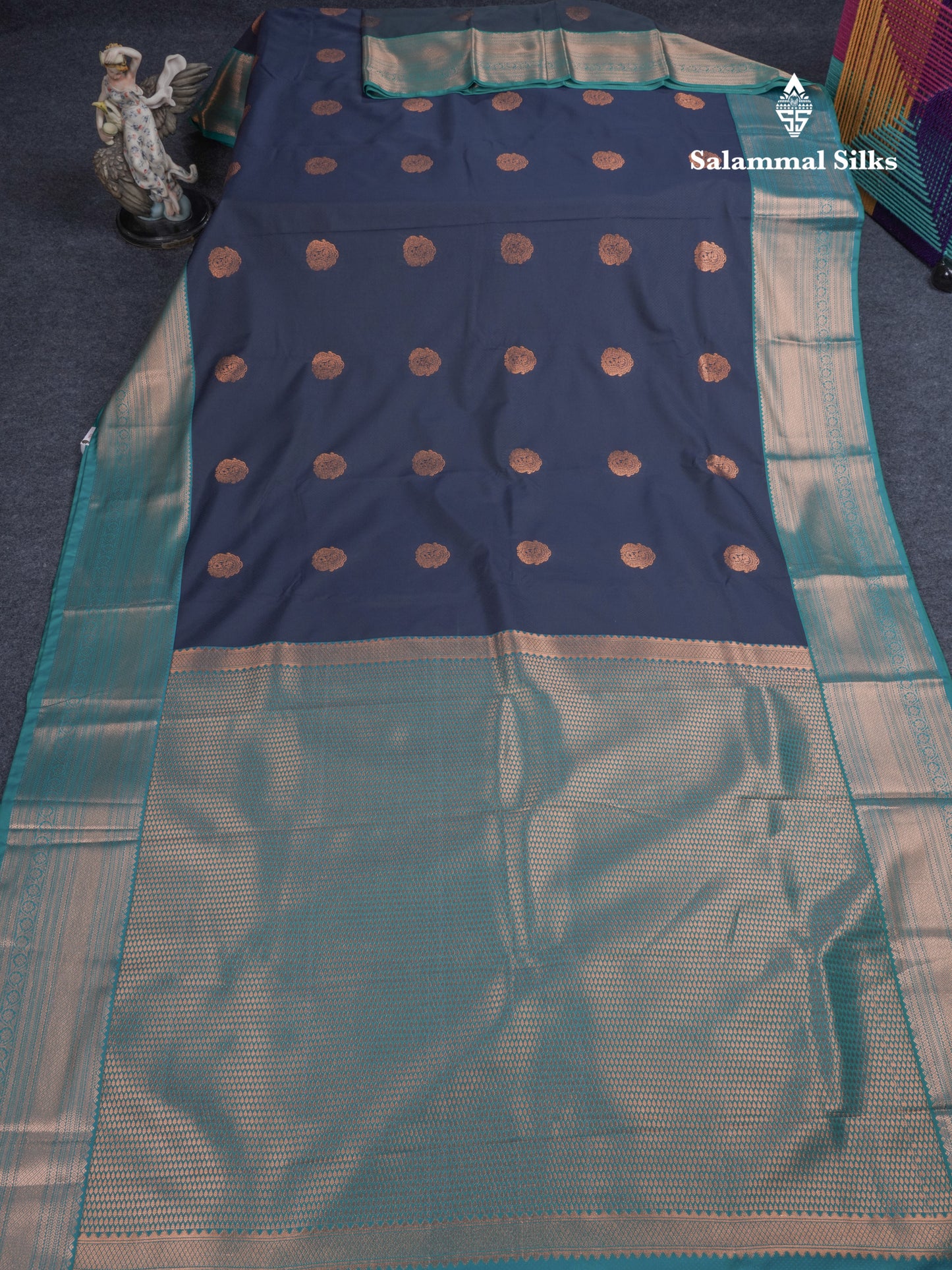 Dark Navy Blue Semi Silk Saree With Contrast Peacock Blue Traditional Border