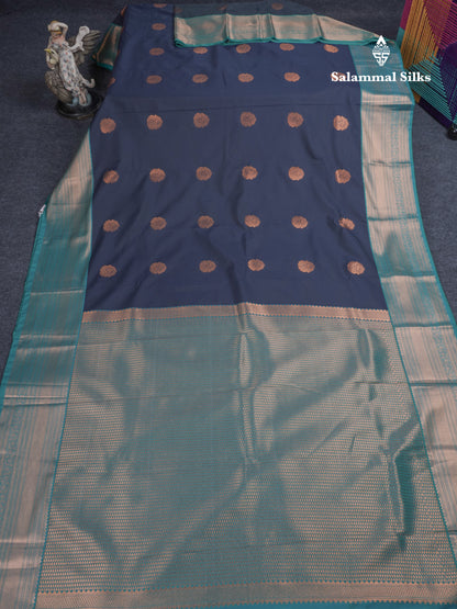 Dark Navy Blue Semi Silk Saree With Contrast Peacock Blue Traditional Border