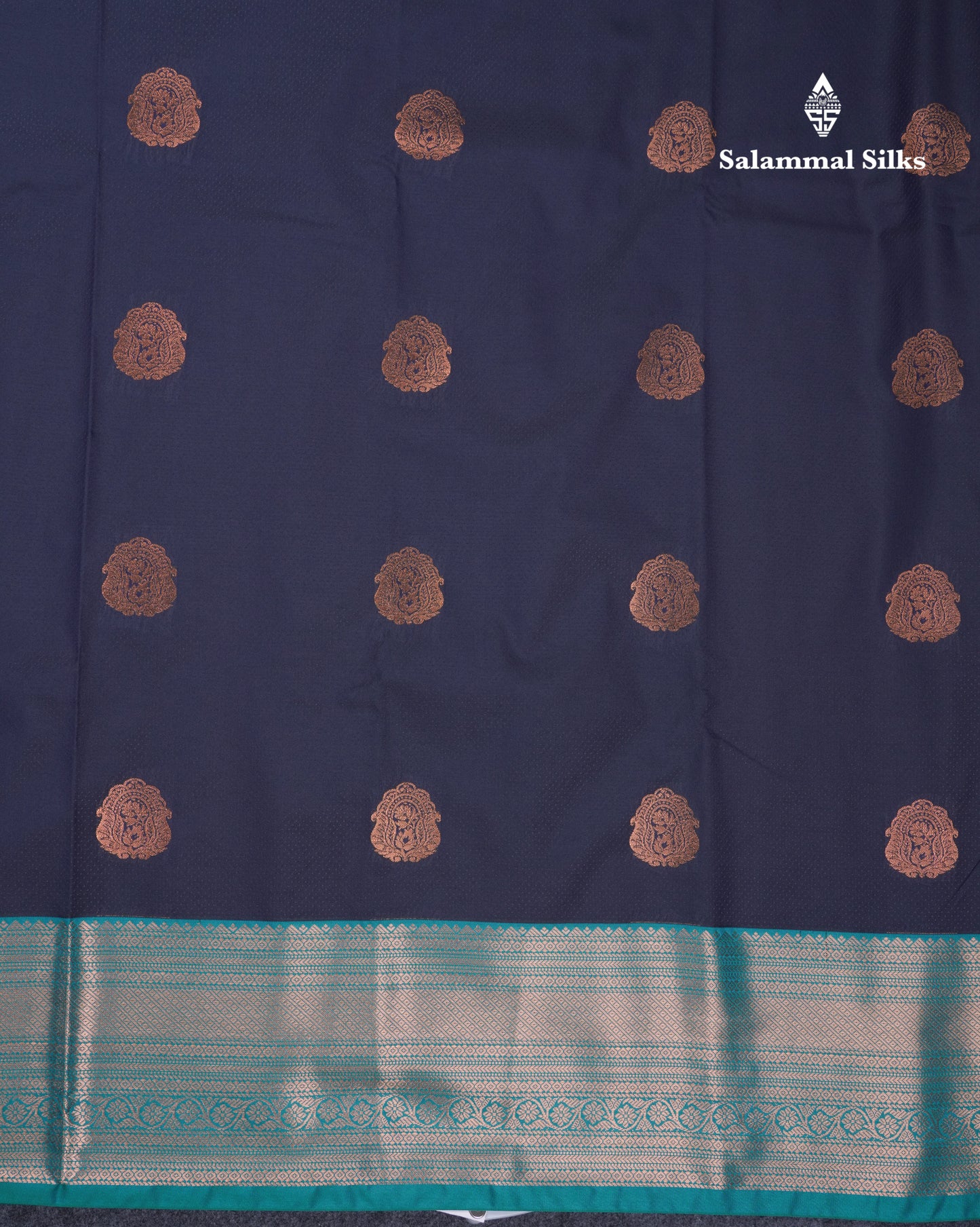 Dark Navy Blue Semi Silk Saree With Contrast Peacock Blue Traditional Border