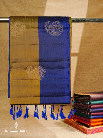 Beautiful Mehandi Green PureMix Kanjivaram Soft Silk Saree With Contrast Ink Blue Fancy Border
