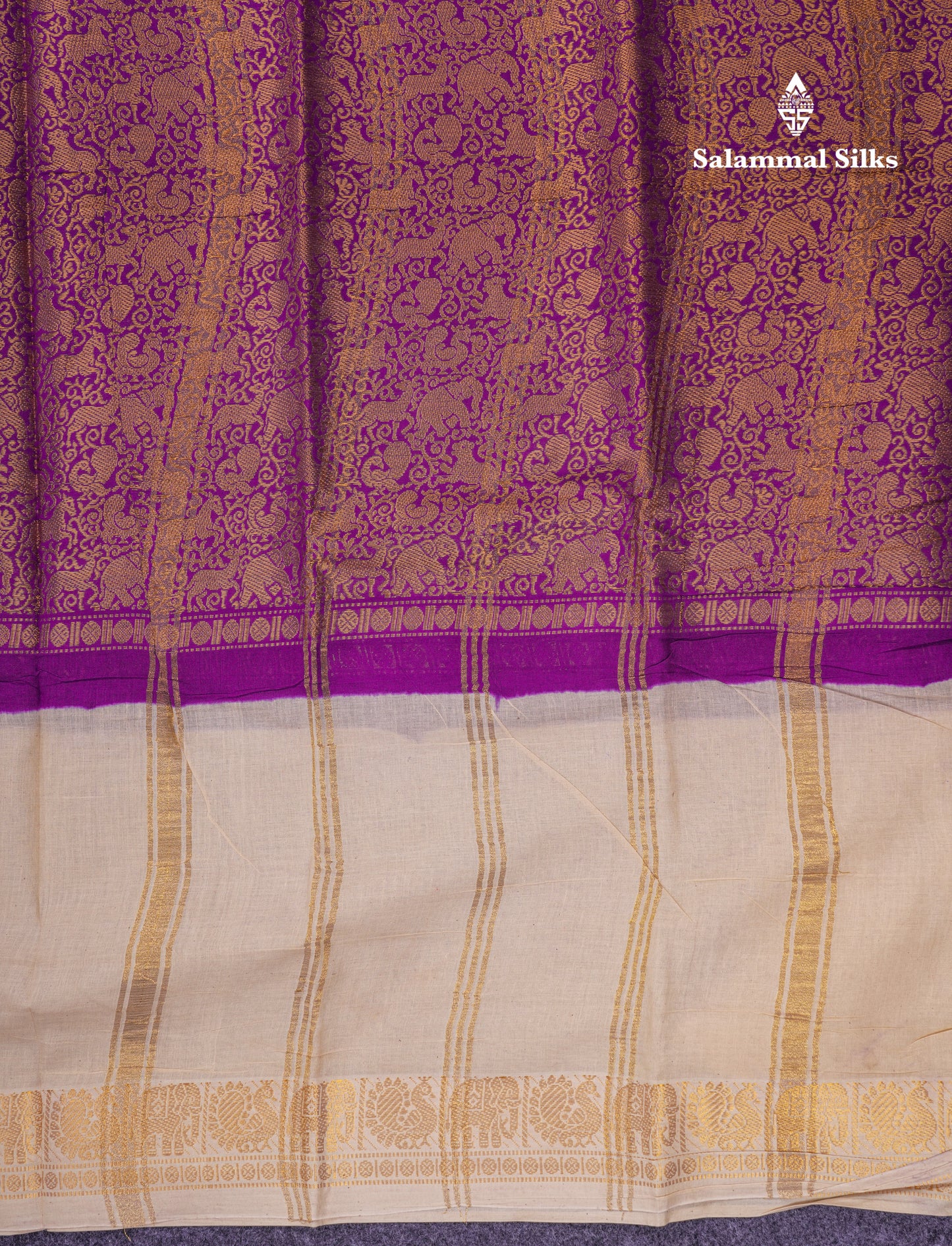 Beautiful Violet Vanasingaram Traditional Sungudi Cotton Saree With Contrast Cream Gap Border