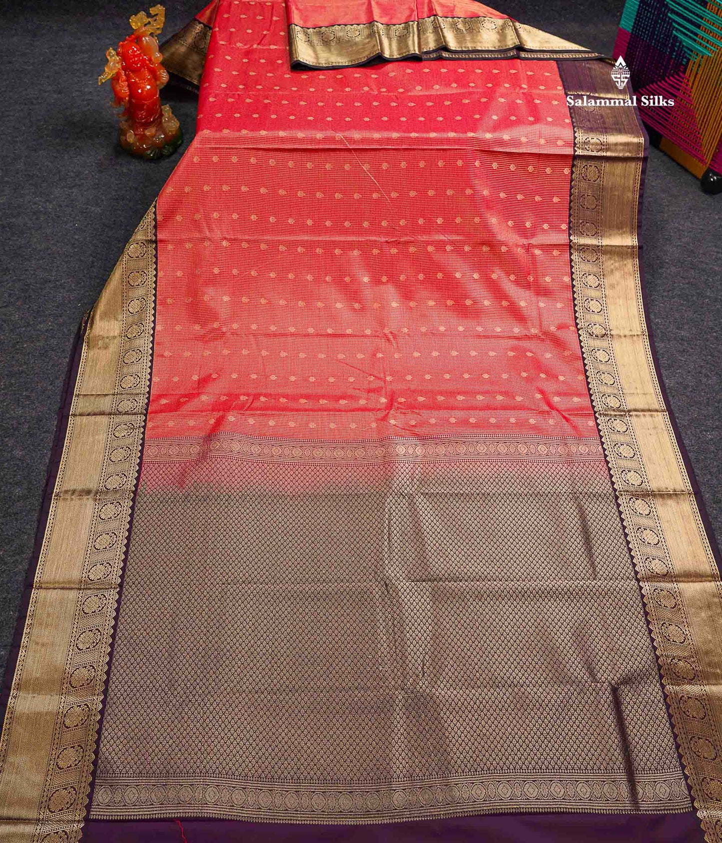 Semi Silk Saree - Orange Butta With Vaira Oosi Tiny Checks Along With Contrast Dark Purple Border