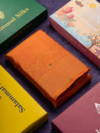 Beautiful Orange Bridal Pure Kanjivaram Silk Saree With Traditional Menakari Work Turning Border