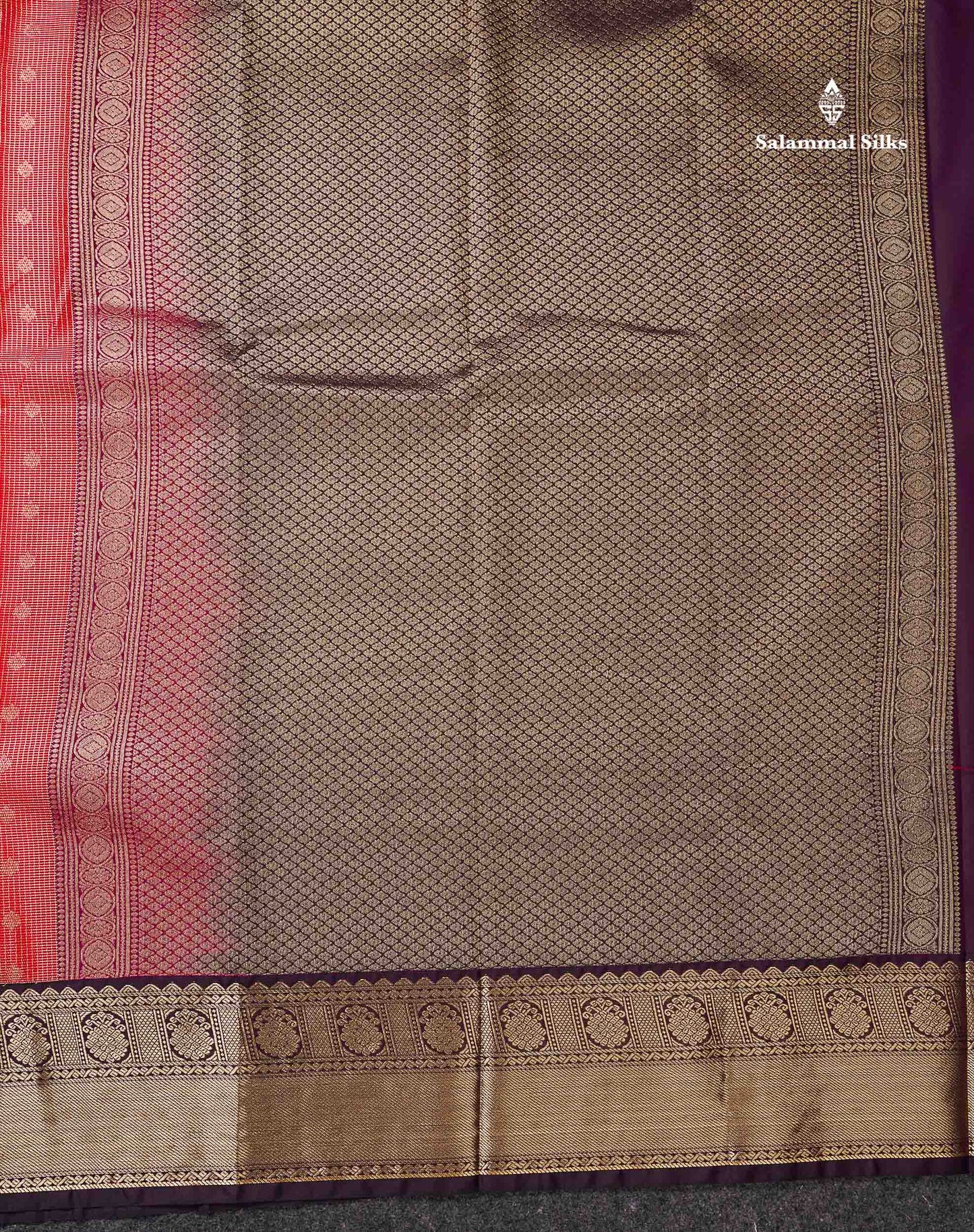 Semi Silk Saree - Orange Butta With Vaira Oosi Tiny Checks Along With Contrast Dark Purple Border